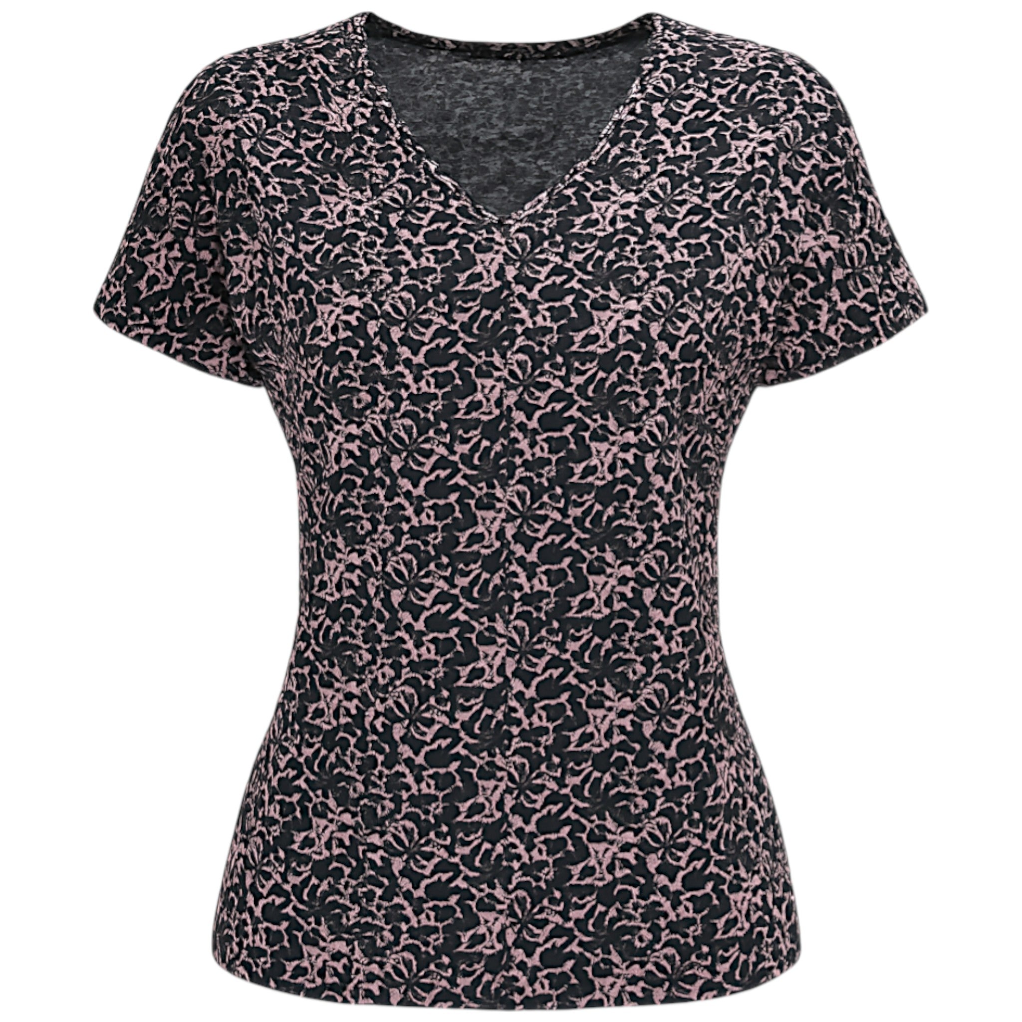 Women's black V-neck T-shirt with allover pink floral print – casual short sleeve stretch top